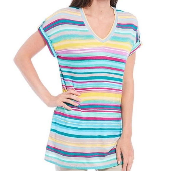 WESTBOUND Petite Chasing Stripe Short Sleeve Button Detail V-Neck Top Size PXL - Picture 3 of 15
